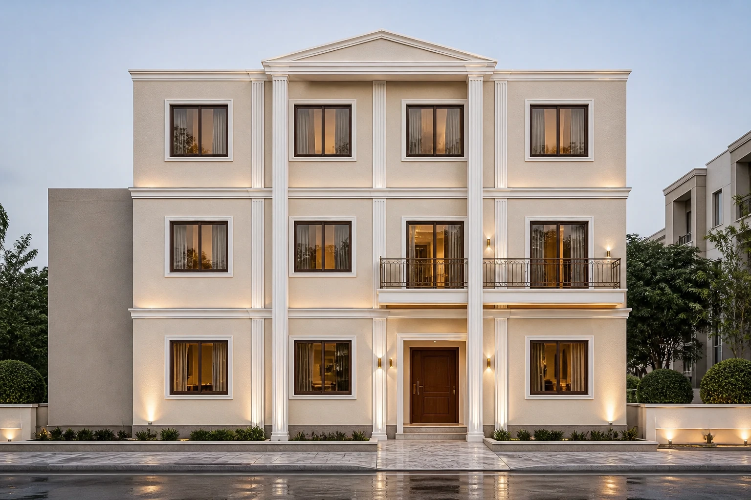 Photorealistic contemporary Indian home with warm stone, timber accents and landscaped frontage