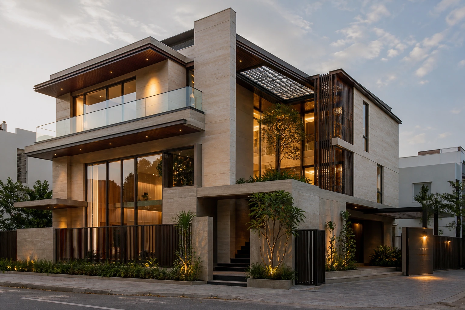 Luxury courtyard house with layered stone and timber facade