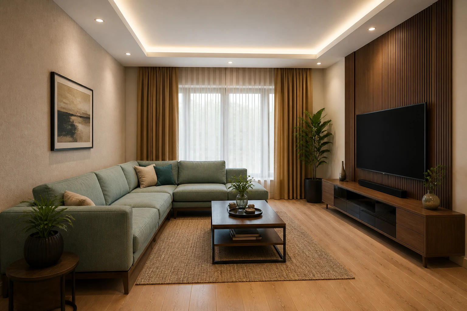 Warm contemporary living room with natural wood and neutral upholstery