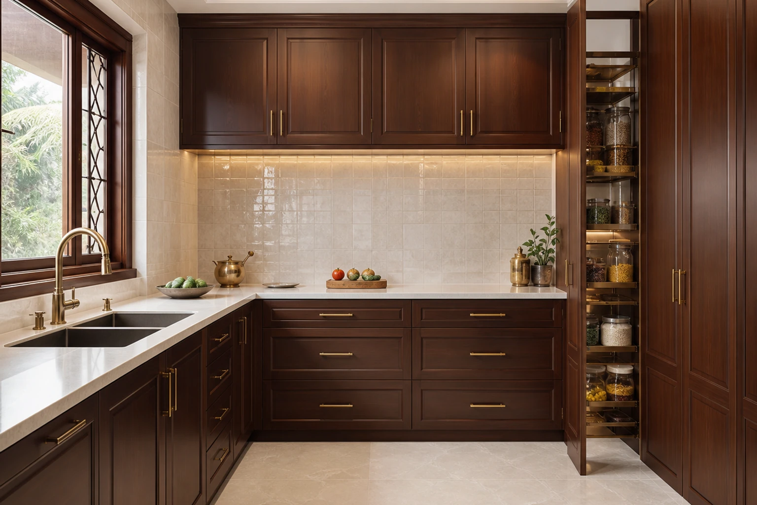 Classic rich Indian kitchen with crafted cabinetry and stone worktops