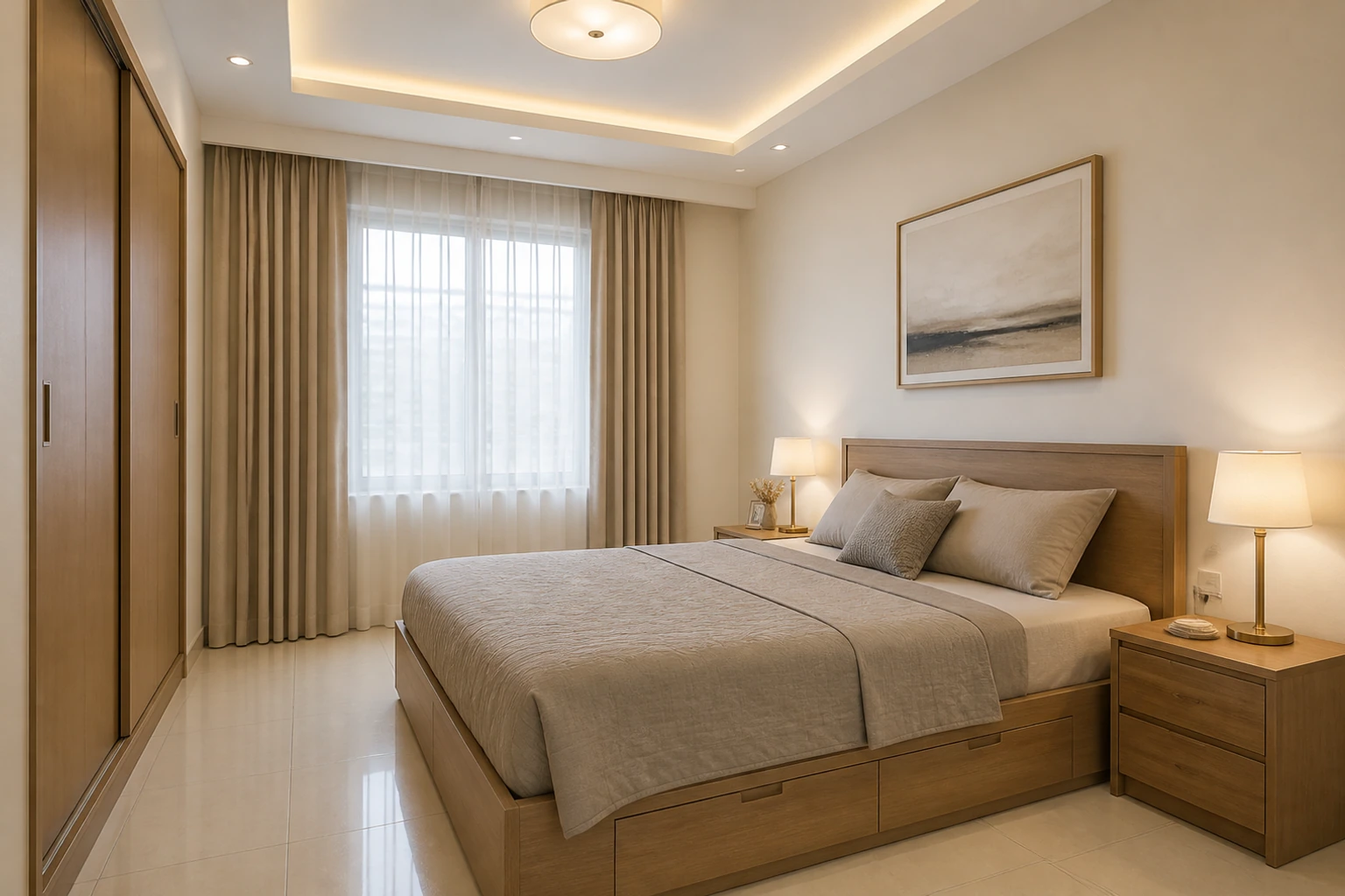 Calm neutral master bedroom designed for a compact urban home